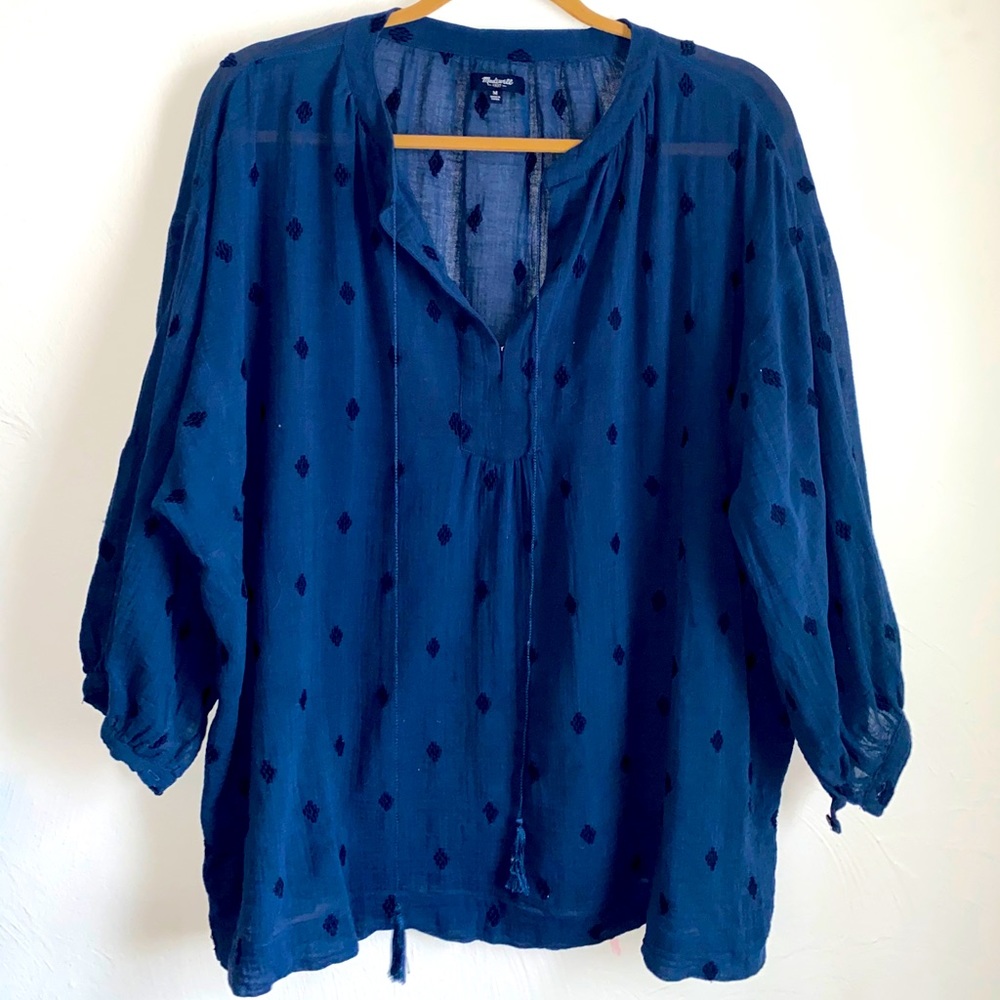 Madewell Embroidered Flowy Blue Gauze Blouse